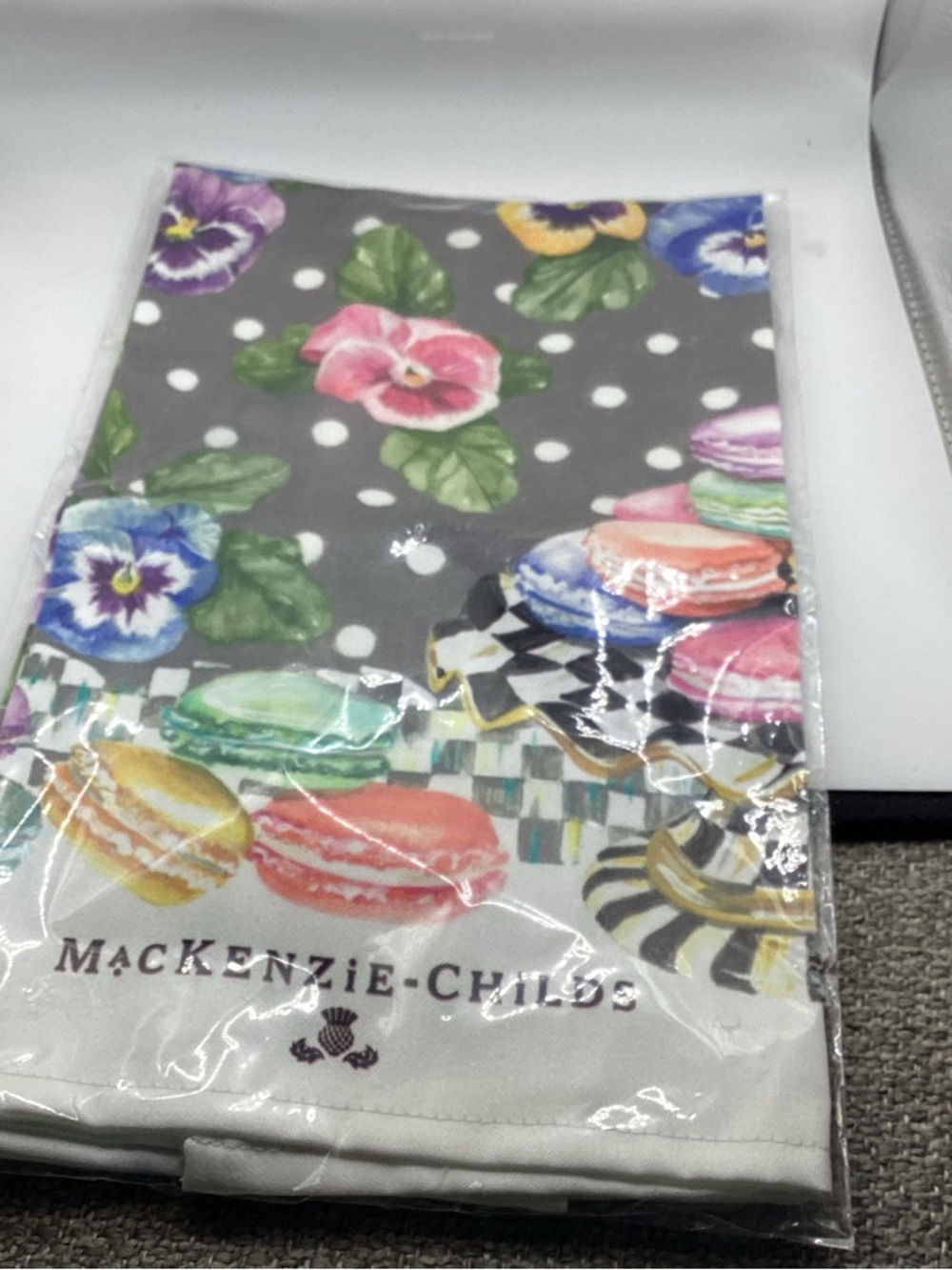 MacKenzie-Childs Gray Polka Pansy & Macaron Cotton Tea Towel